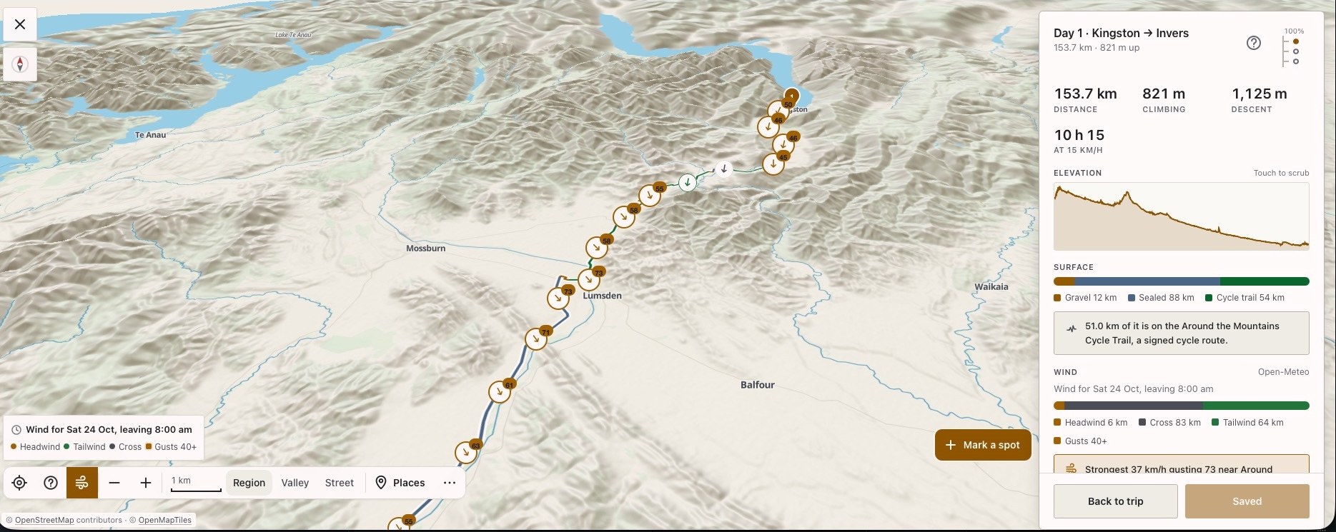 Day 1, Kingston to Invers, in 3D with wind arrows along the route, and the stage panel: headwind 6 km, cross 83 km, tailwind 64 km, gusts 40 plus
