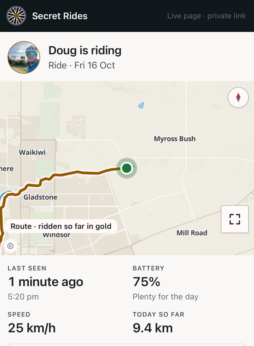 The private live page a follower sees while Doug rides: the live dot on the route ridden so far in gold, last seen 1 minute ago, battery 75%, 25 km/h, 9.4 km today
