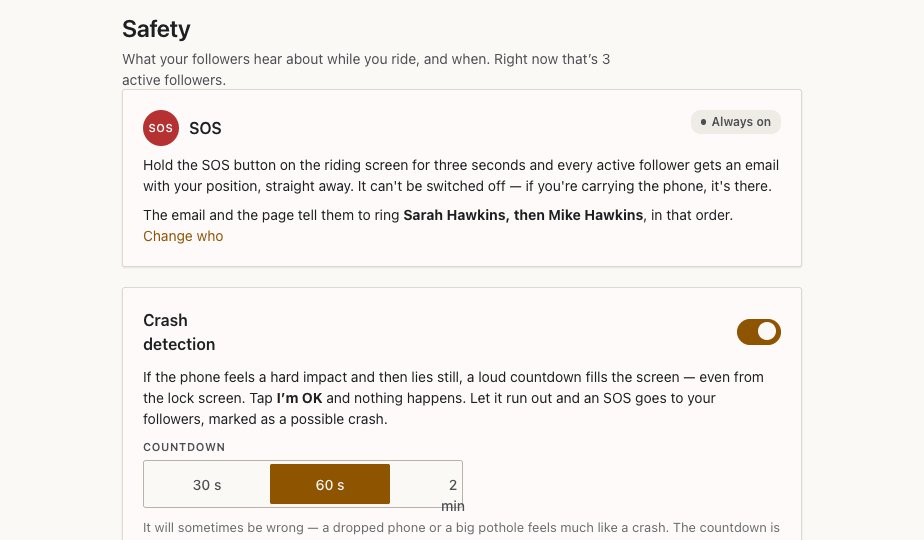 The Safety screen: SOS always on, with who gets rung first, and the crash detection switch
